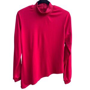 Kathy Levine By Request Vintage 70s Red Mock Neck Blouse Uneven Hem Back Zip S